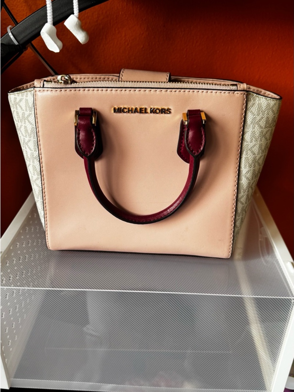 Michael Kors Pink and Burgundy Satchel with Signature Sides